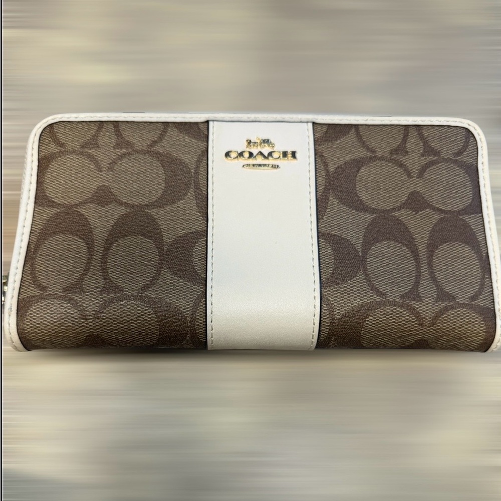 Coach Brown Signature Canvas Wallet with White Center Stripe